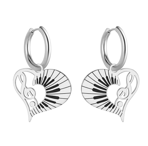 Musiknoten-Herz-Ohrringe für Frauen Instrument Klavier Violinschlüssel-Ohrringe Lehrer Künstler Musiker Konzert Schmuck Geschenk (Silber 1)