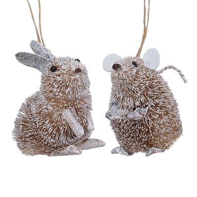 Gisela Graham Silver Bristle Rabbit & Mouse Christmas Decoration, Set Of 2