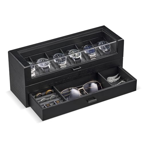 ProCase 腕時計ケース 木製 6本用 2段式ウォッチボックス 男性向けジュエリーオーガナイザー ディスプレイ収納ケース ガラス蓋付き