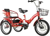 JYDQMOLS Double Twins Three Wheel Cruiser Bike to Carry Kid, 14in 16in 18in 20in Foldable 3 Wheel Bicycle with Child Seat, Adjustable Height Two Seater Tricycle Carbon Steel(Red,14