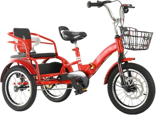 JYDQMOLS Double Twins Three Wheel Cruiser Bike to Carry Kid, 14in 16in 18in 20in Foldable 3 Wheel Bicycle with Child Seat, Adjustable Height Two Seater Tricycle Carbon Steel(Red,14