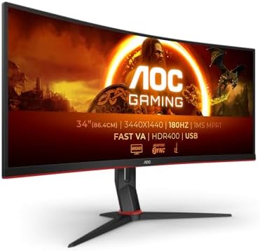 AOC Gaming Curved Monitor, CU34G2XPD/BK 34 Inch 180Hz Fast VA Panel, 1ms GtG, HDR400, FreeSync Premium, Height Adjustable, USB Hub (3440x1440 HDMI 2X 2.0 DP 2X 1.4) Black/Red