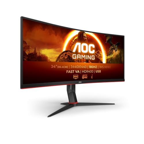 AOC Gaming CU34G2XPD – 34 Zoll WQHD Curved Monitor, 180Hz, 1ms, FreeSync Premium (3440×1440, HDMI, DisplayPort, USB Hub) Schwarz/Rot