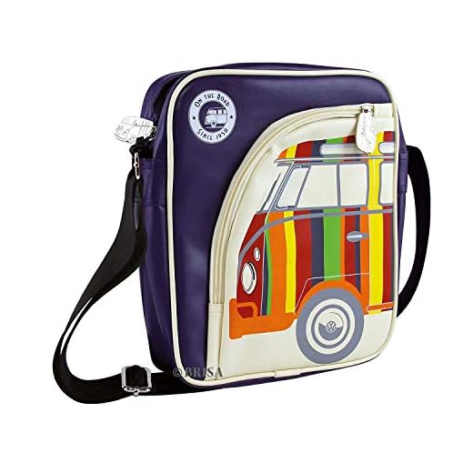BRISA VW Collection - Volkswagen Furgoneta Hippie Bus T1 Van Bolso de hombro de polipiel (PU), Bolsa bandolera Vintage, Accesorio de moda para Viaje/Regalo/Souvenir (Rayas/Lila/S)