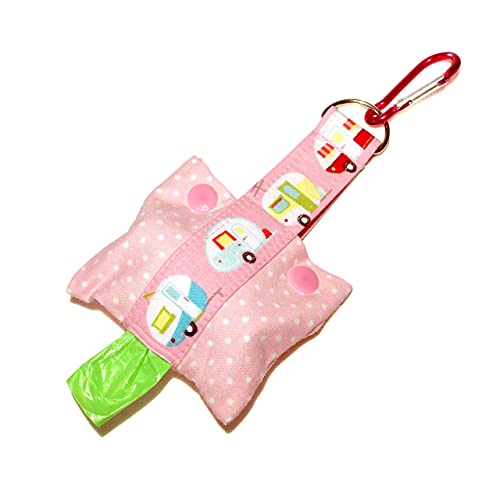 Dog Poop Bag Dispenser With Clip - Fashion Tote Waste Bag Holder - Bottom Dispensing For One-Handed Use - Clips on Leash - RV Campers on Blue - Handmade by Green Acorn Kitchen (Pink)