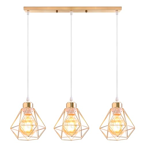 TOKIUS 3-flammig Pendelleuchte Vintage Industrial Hängelampe mit Geometrischem Design E27 Lampe aus Eisen Käfig Lampenschirm Retro Hängeleuchte für Esstisch Küche (Gold, Pendellampe, Balken) TOKIUS 3-flammig Pendelleuchte Vintage Industrial Hängelampe mit Geometrischem Design E27 Lampe aus Eisen Käfig Lampenschirm Retro Hängeleuchte für Esstisch Küche (Gold, Pendellampe, Balken)