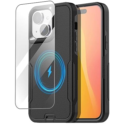 AICase Compatible with iPhone 15 Case with Glass Screen Protector,[Compatible MagSafe] Heavy Duty Drop Protection Full Body Rugged Shockproof Military Protective Tough Durable Cover for Phone 15 6.1" Cover