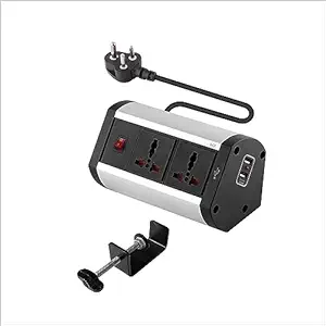 MX Premium Power Console 6 Amp 2 Universal Sockets with 2 USB Charging Port Extension Board - with Removable Desk Clamp Power Strip Master Switch - 1.5m 3 Pin Plug Extension Cord (1.5mtr)