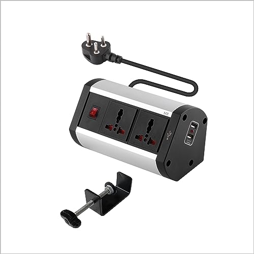 Image of MX Premium Power Console 16 Amp 6 Universal Sockets with 2 USB Charging Port Extension Board - with Removable Desk Clamp Power Strip Master Switch (Desk Clamp Power Strip-6 /13 AMP- 2 Outlets + 2 USB)