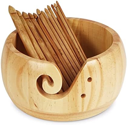 UNAYMIDY Yarn Bowl Holder, Wooden Knitting Bowl with 12pcs Crochet Hooks, Large Yarn Holder Dispenser for Crocheting (large 6.7")