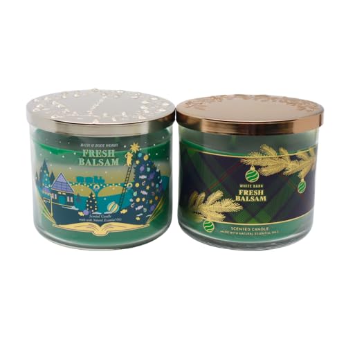 Bath & Body Works Fresh Balsam 3-Wick Candle Christmas 2023 2-pc Bundle – Limited Edition (Winter Village & Tree Branches Pattern), Green