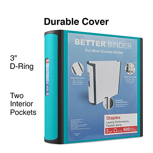 Staples 3 Inch Betterview Binder With D-Rings (Teal) #TOP1