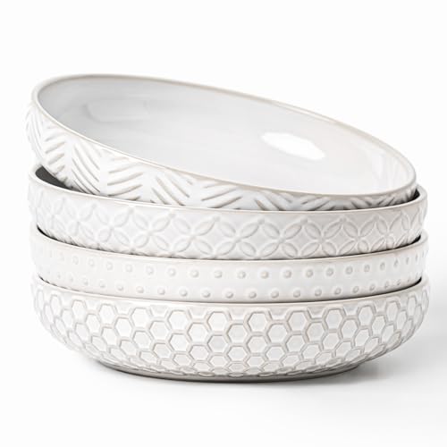 FOBENTA Embossed Ceramic Pasta Bowls, 42 oz Bowl Plates Set,9-Inch Large Serving Bowls Set of 4, Perfect for Pasta, Salad, Fruit, Sturdy&Stackable, Microwave & Dishwasher Safe