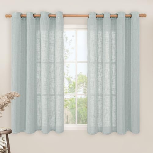 Image of LAMIT Semi Sheer Linen Curtains 54 Inch Length 2 Panels, Greyish Blue Light Filtering Panels Bronze Grommet Neutral Drapes for Bedroom /Window /Dining Room, 52 x 54 Inch