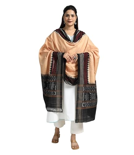 Image of Cotton Dupatta with weaving and Ikat woven border from the Weavers Stole for Girls & Women