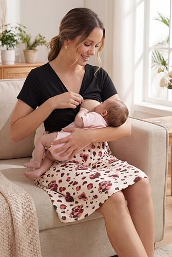 Image of OUGES Maternity Nursing Dress Breastfeeding Short Sleeve V Neck Casual Pregnancy Clothes with Pockets