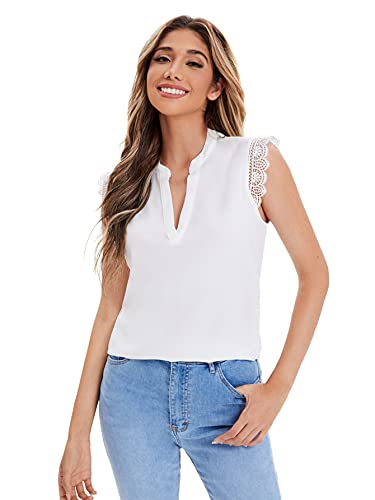 Milumia Women's Elegant Notch V Neck Sleeveless Blouse Guipure Lace Work Office Solid Top White Plain Small #TOP2