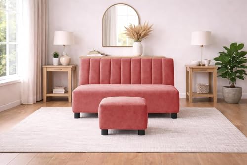 Image of Rosebell 2 Seater Sofa Set with Ottoman, Plush Upholstered Couch with Matching Footrest, Modern Comfortable Seating for Living Room Bedroom Home Furniture - Rose Pink Color