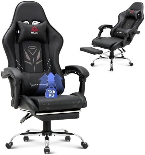 Bild 17 - COLAMY Gaming Stuhl, Computer Stuhl mit Fußstütze und Lendenwirbelstütze, höhenverstellbarer Gaming Chair mit 360°-Drehsitz und Kopfstütze, Video Gamer PC Stuhl, Ergonomische hohe Rückenlehne, Weiß
