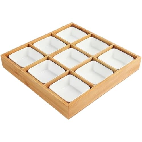 NICROSE お皿 小皿セット和風 小皿セット 竹トレイ 陶器 前菜皿 深型 仕切り付き 天然木 9点 小鉢 醤油皿 前菜皿 盛り鉢 和食器 セラミック アイスクリーム ソース皿 火鍋 焼肉屋 寿司屋 食洗機 (A)