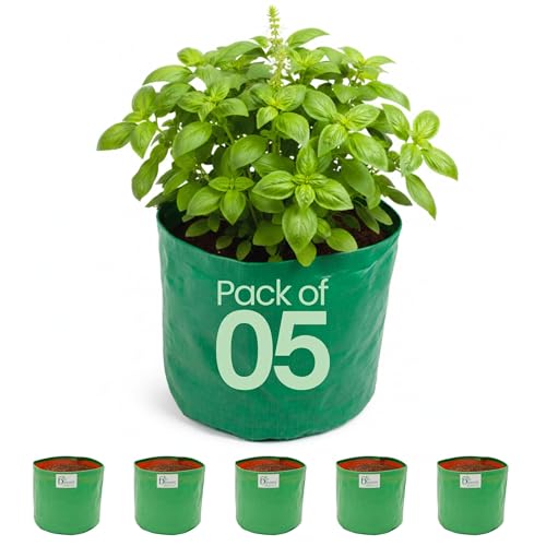 Image of Bio Blooms Round HDPE Grow Bag for Terrace & Kitchen Gardening | Pack of 5 | 9x9 | 200 GSM Heavy Duty Outdoor Planter for Vegetables, Flowers & Plants (Green & Orange)