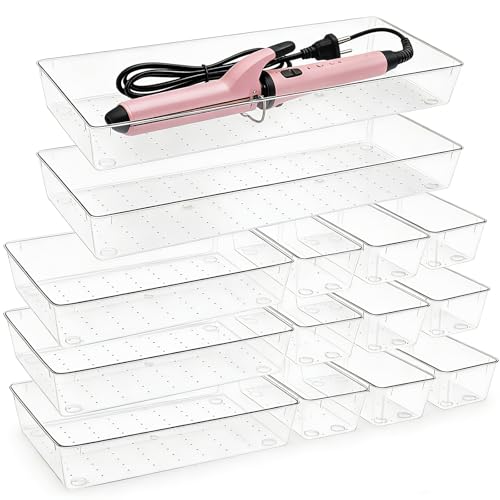14 Pcs Clear Plastic Drawer Organizer Tray with 2 Pcs 15