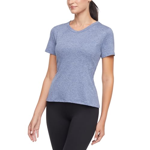 Bally Total Fitness Women's Wen Short Sleeve V-Neck Active Tee Shirt, Heathered Partly Cloudy, Large