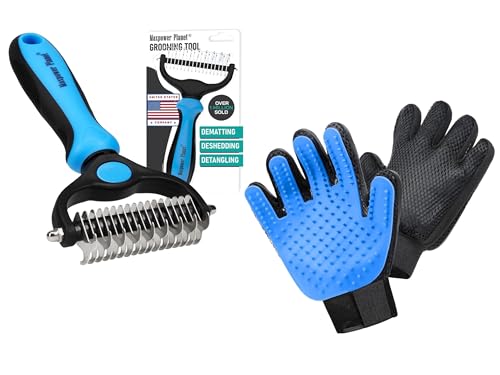 Maxpower Planet Hair Brush & Grooming Gloves for Dogs and Cats - Blue