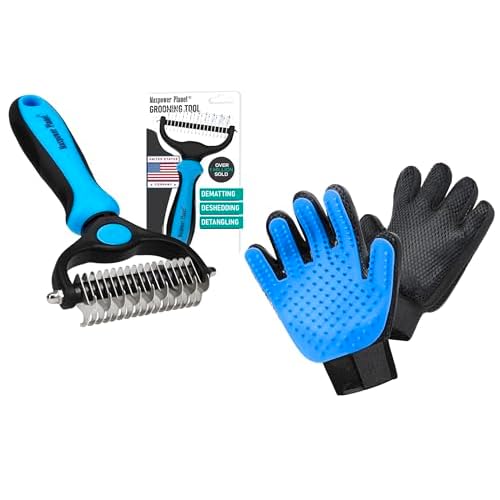 Maxpower Planet Hair Brush & Grooming Gloves for Dogs and Cats - Blue