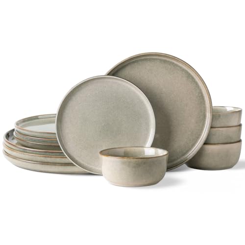 Image of AmorArc Stoneware Dinnerware Sets for 4,Round Reactive Glaze Ceramics Plates and Bowls Set,Highly Scratch Resistant Dishware | Dishwasher & Microwave Safe Dishes Set,Service for 4 (12pc)