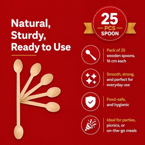 Image of Wooden Disposable Spoons - 160mm Pack of 25 Strong Single-Use Spoons Smooth Finish, Splinter-Free| Perfect for Ice Cream, Parties, Events, Camping