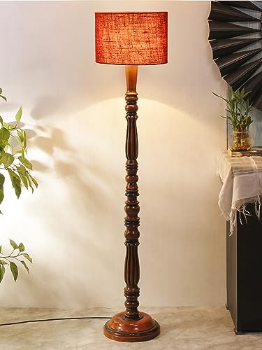 Image of Jute Modern Floor Lamp with Wooden Base - Height 56 Inches | Modern & Fashionable Standing Lamp for Living Room, Bedroom & Office | Stylish Home Decor Lighting in Elegant Maroon Shade