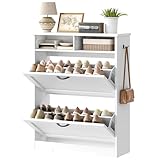 HOOBRO Zapatero con 2 Cajones Abatibles, Armario Zapatero Estrecho con Ganchos Laterales, Estante Ajustable y 2 Compartimentos Abiertos, para Entrada, Pasillo, Dormitorio, Blanco y Negro EWT22SC01