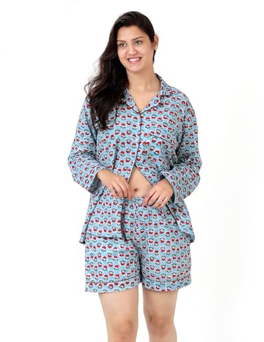 Image of Huar Women Pajama Set, 4 pcs Button Down Vacation Beach Cotton Set, Lounge wear PJ Set For Birthday