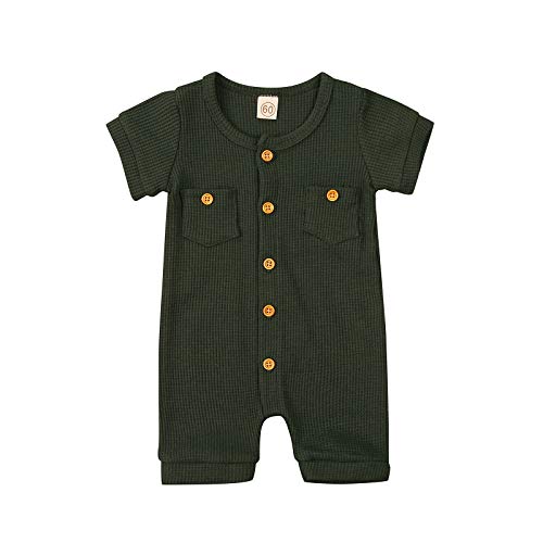 Image of Ynibbim Summer Newborn Baby Boy Girl Romper Unisex Infant Solid Short Sleeve Clothes Waffle Cotton Button One Piece Jumpsuit (Short Sleeve Army Green, 3-6 Months)