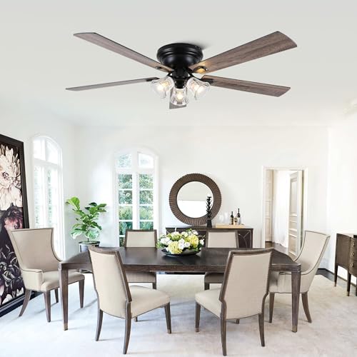 Image of Dawn Whisper 60 Inch Farmhouse Flush Mount Ceiling Fans with 3 Lights Bulbs Base Vintage Low Profile Ceiling Fan for Living Room Bedroom