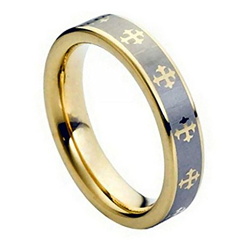 Double Accent 5Mm Comfort Fit Tungsten Carbide Wedding Band Laser Engraved Cross Gold Tone Tungsten Ring (5 To 15), 6.5 #TOP2