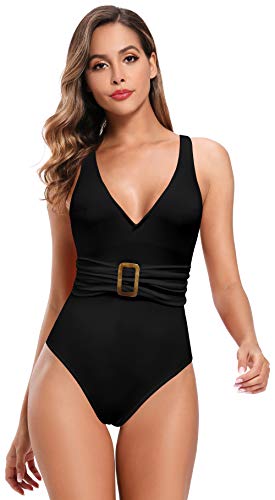 SHEKINI Traje de Baño Una Pieza para Mujer Cuello en V Elegante U Halter Grande Correas Slim Ruched Abdomen Control Monokini Bañador Ropa de Playa(Negro, XL) Cover