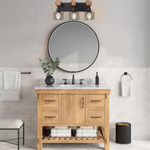 Image of Black Farmhouse Wall Sconce, Rustic Industrial Wood Wall Mount Lamp, Bathroom Vanity Light, Black Vanity Lights & Bathroom Wall Light for Mirror, Restroom Light Fixture Indoor