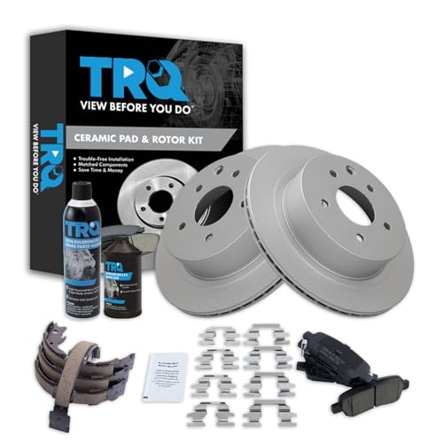 Image of TRQ Rear Brake Pad & Rotor Kit, with Chemical Kit Parking Brake Shoe Set Ceramic Premium G-Coated Compatible with 2011-2022 Nissan Leaf 2008-2013 Rogue 2014-2015 Rogue Select