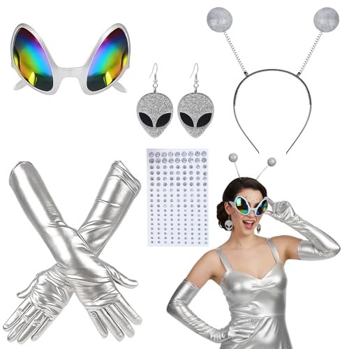 DvBCNMe Alien Kostüm Damen, 5 Stück Alien Kostüm Zubehör Set für Fasching und Halloween, Alien Brille mit Haarreif und Silber Handschuhe für Kostüm Partys und Cosplay Events