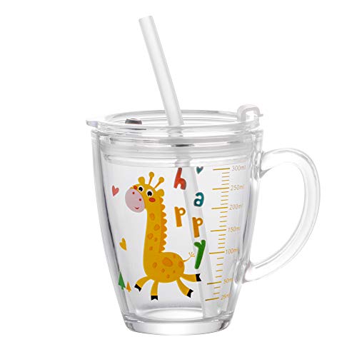 Vaso de agua para niños de 300 ml, con paja, vaso medidor con tapa, apto para microondas, vaso de agua, resistente al calor, para zumo, chicos y niñas Cover