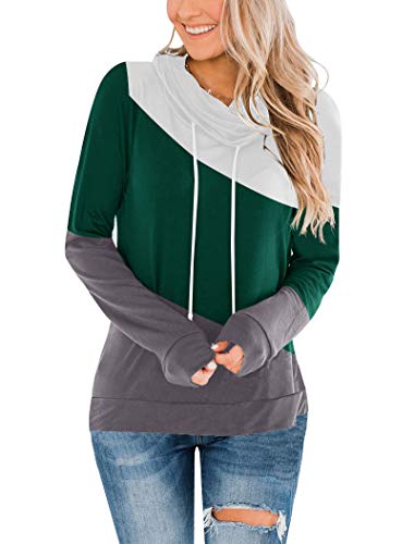 Minthunter Women's Fall Casual Long Sleeve top Cowl Neck Color Block Tunic Drawstring Lightweight Shirt Green-Grey