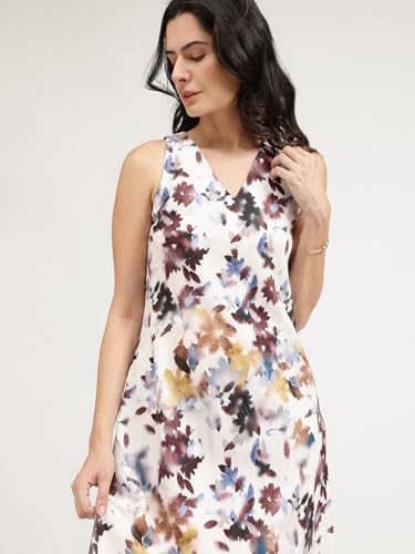 Image of FableStreet Women Party Dress | Elegant A-Line Fit Midi Length V-Neck Sleeveless | Lustrous Satin Fabric for Evening Gatherings & Celebrations