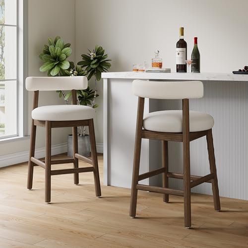 Christopher Knight Home Annes Counter Height Bar Stools Set of 2, Linen Fabric Round Bar Stool for Kitchen Island, Wooden Dining Room Chair, Counter Stool with Footrest, Walnut+Milky White