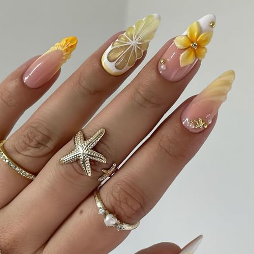 Yellow Lemon Press on Nails Medium Almond Fake Nails with Pearl G...