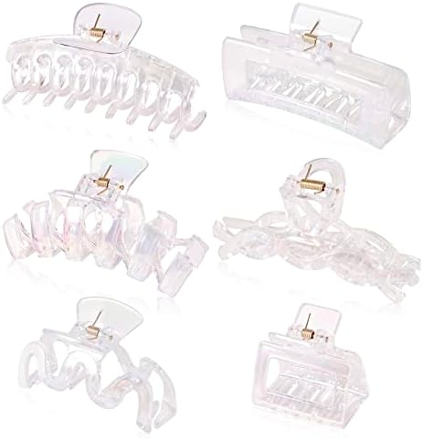 CWJCYTNSN 6PCS Clear Claw Clips, Large Iridescent Clear Hair Clips for Women, Transparent Colorful Rectangular Square Hair Claws, Big Banana Jaw Clips for Girls Thick Thin Curly Hair Accessories