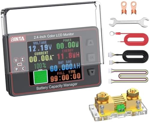 BINTA 500A Battery Monitor Shunt 8-100V 2.4 Inch Color Screen for Lifepo4 Lithium Sealed Gel Flooded Batteries, Backlight Waterproof Battery Monitor with Sliding Cover for Car RV Golf Cart Solar Panel