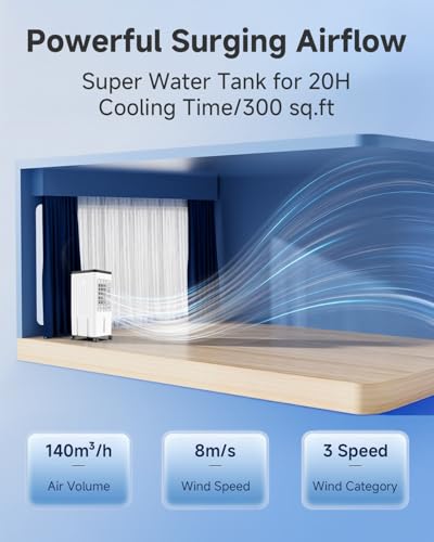 Swamp Cooler, Evaporative Air Cooler with 3 Gal Water Tank, Swamp Cooler Air Conditioner with 4 Ice Packs, 3 Speeds, 120° Oscillation, Portable Air Conditioners Alternative for Room Home Office Pets — view 3