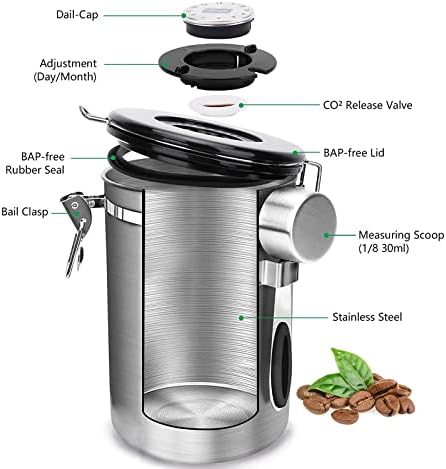HiKupa 1.5L Airtight Coffee Canister with Scoop, Stainless Steel Airtight Jar Built in Valve and Date Tracker, Storage Container for Coffee Ground Tea Sugar Food and Flour (Black)